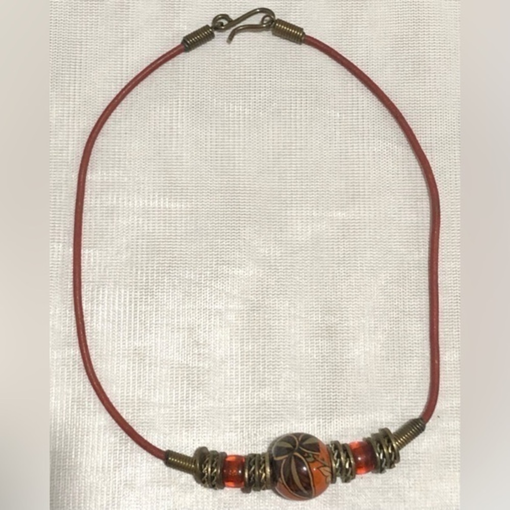Leather Cord Bead Choker Necklace